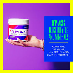 Glass of prepared AdvoCare Rehydrate Fruit Punch after mixing, refreshing hydration.