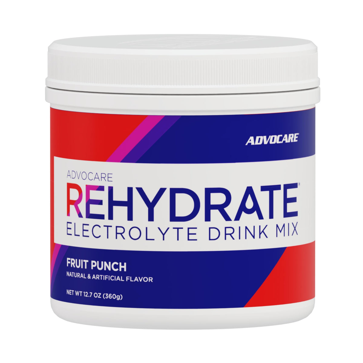 AdvoCare Rehydrate fruit punch powder in tub for balanced hydration.