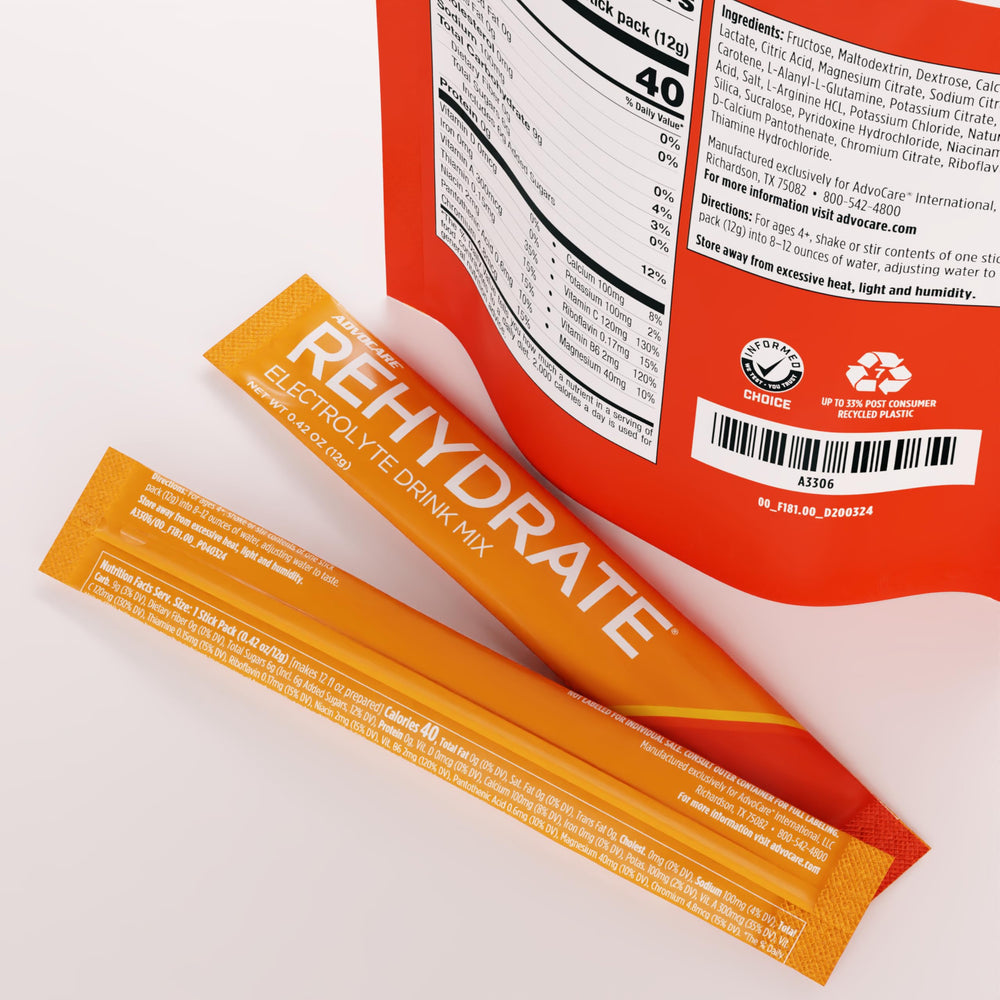 AdvoCare Rehydrate orange drink in a glass with ice and straw.