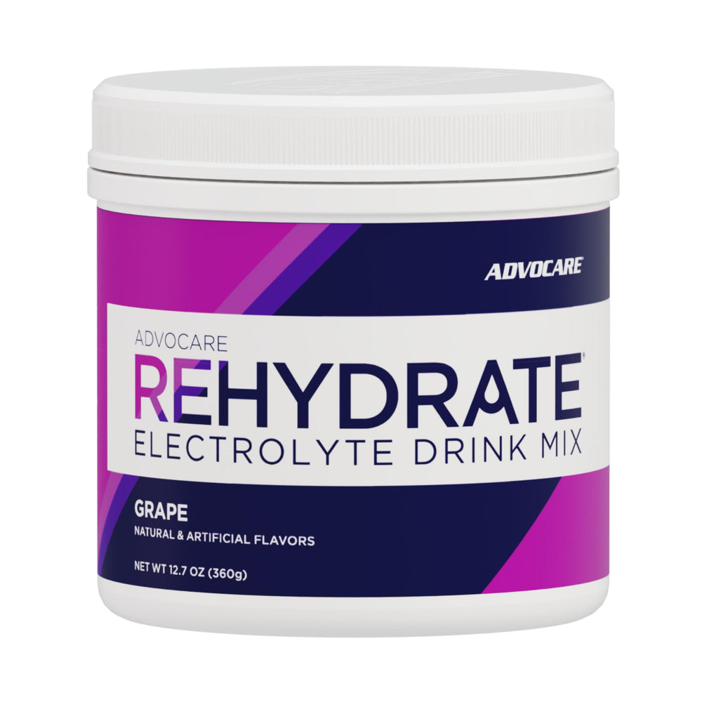 AdvoCare Rehydrate grape tub with electrolytes for balanced hydration during workouts.