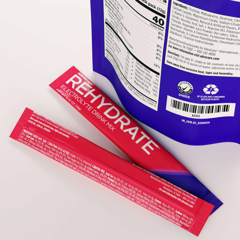 AdvoCare Rehydrate label close-up highlights vitamins and antioxidants for energy support