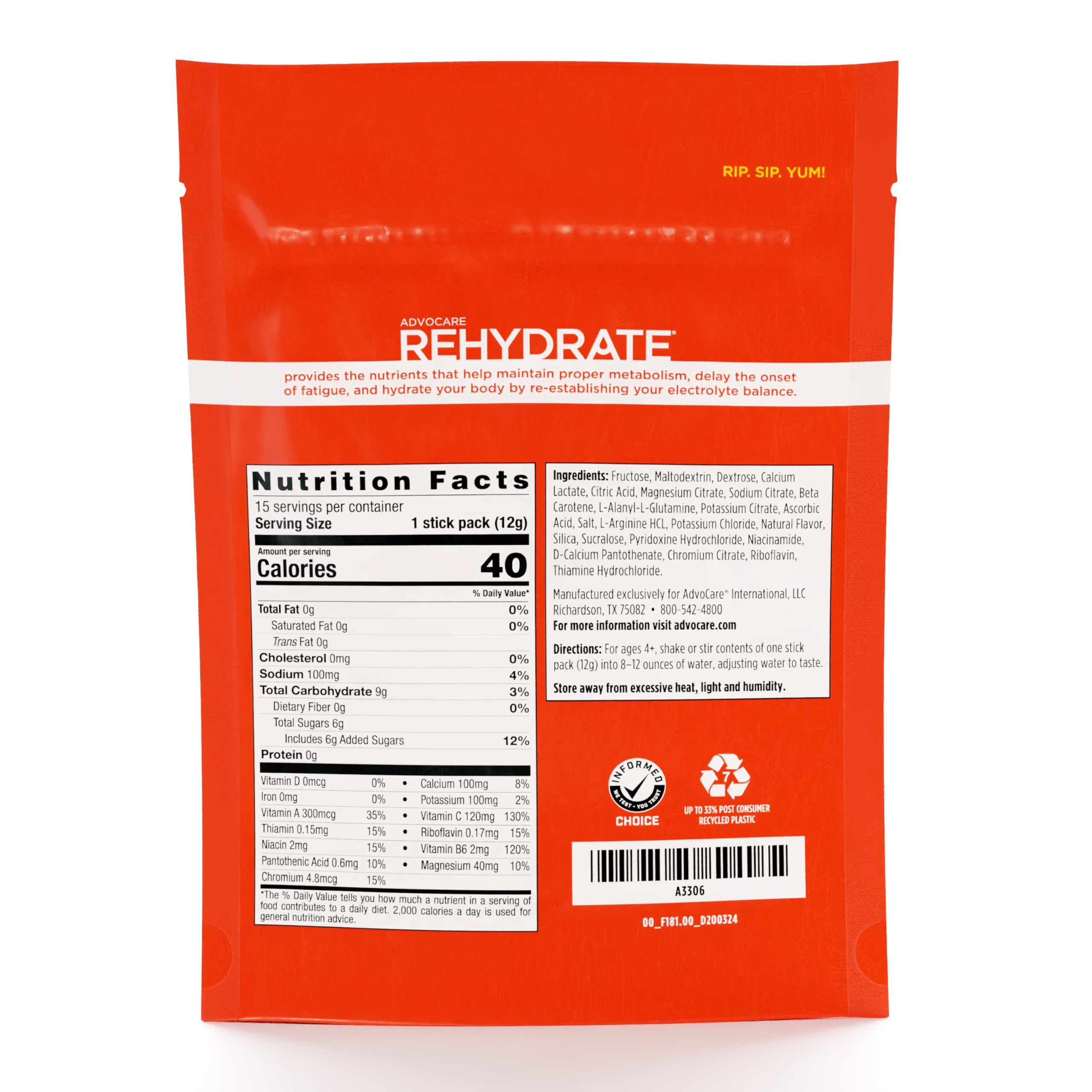AdvoCare Rehydrate close-up of the label on the electrolyte mix.