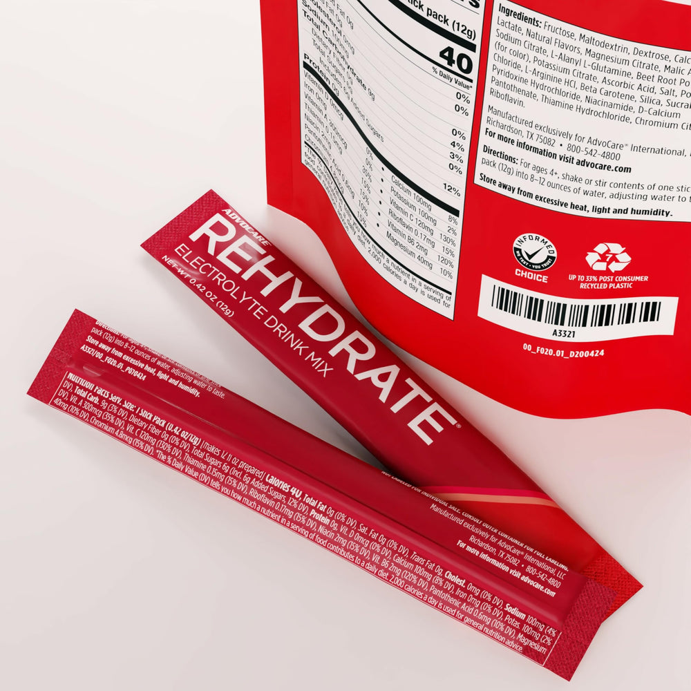 AdvoCare Rehydrate raspberry flavor mix in water showing refreshing color