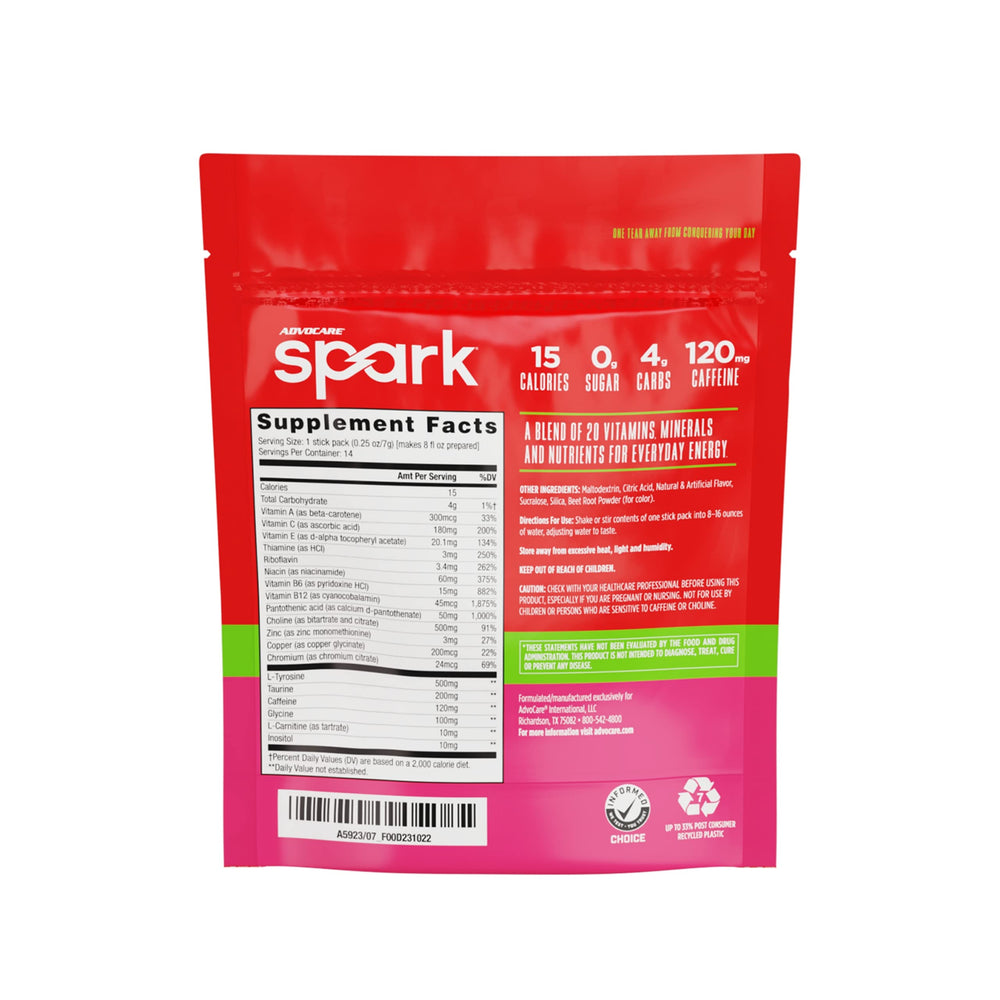 AdvoCare Spark 120mg caffeine energy stick highlights sustained focus without jitters