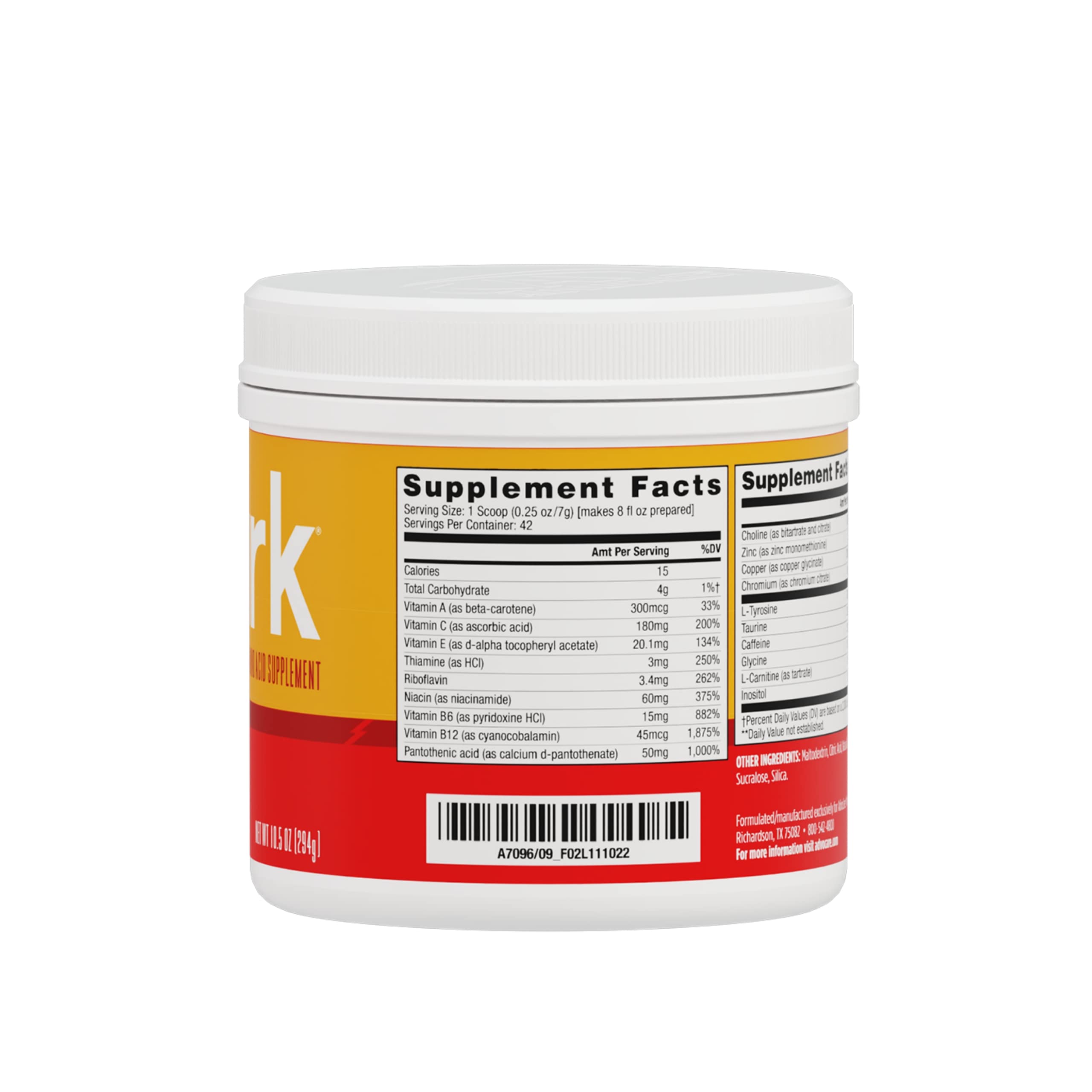 AdvoCare Spark Mango Strawberry tub back highlights vitamin blend and sugar-free formula