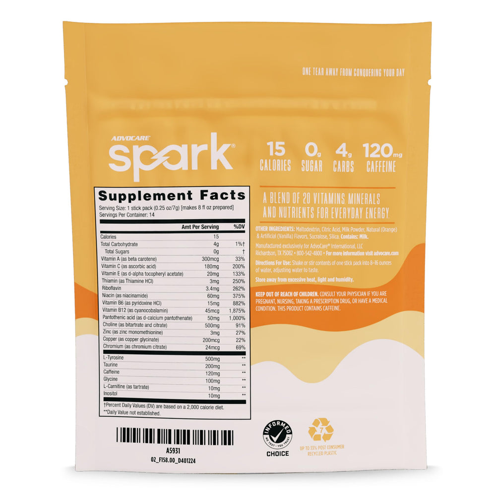 Advocare Spark orange-cream-float pack on desk ready for a boost.