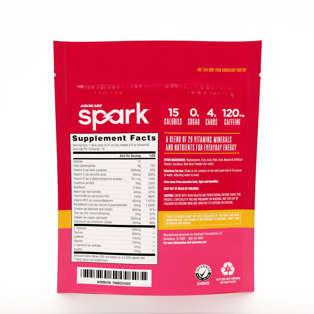 AdvoCare Spark stick-dispense closeup highlighting easy powder mix for fast hydration.