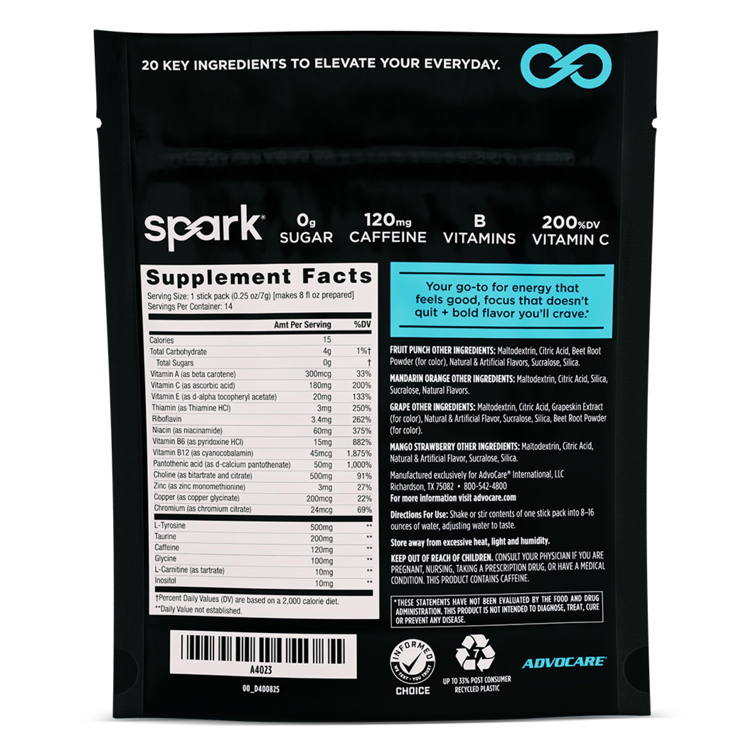 AdvoCare Spark stick-pack label closeup highlighting ingredients