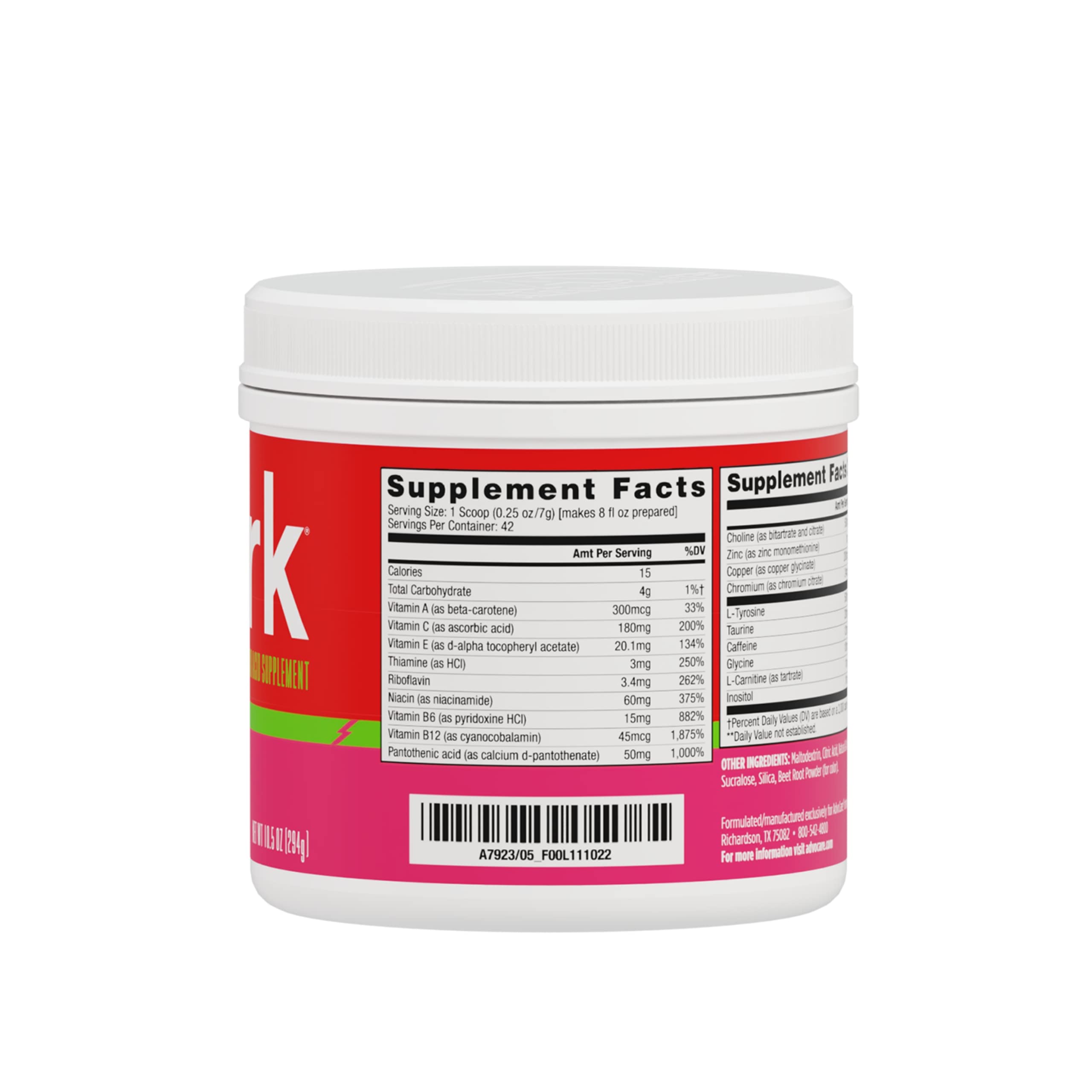 AdvoCare Spark tub label close-up highlighting vitamins and caffeine