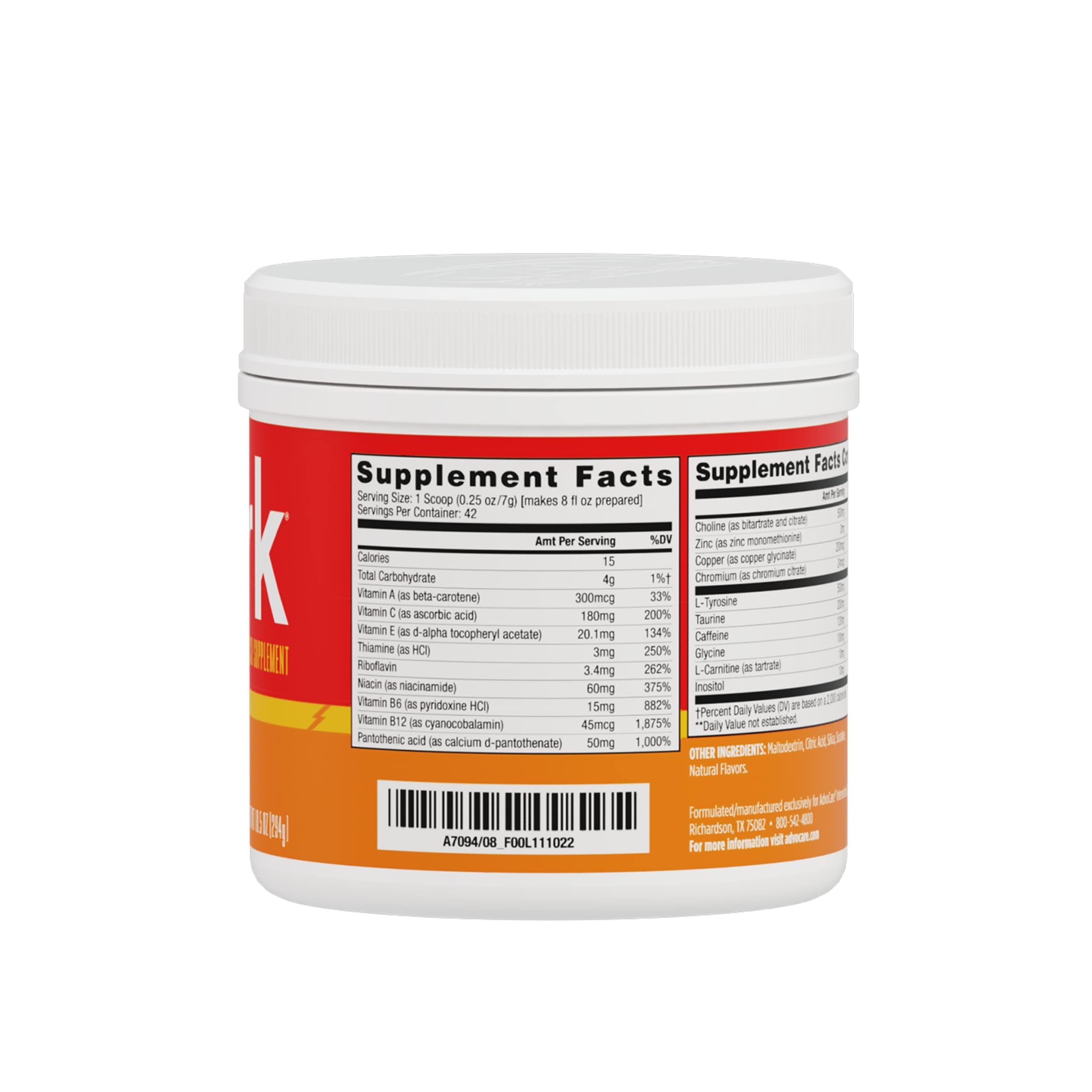 AdvoCare Spark tub label highlighting zero sugar and Vitamin C