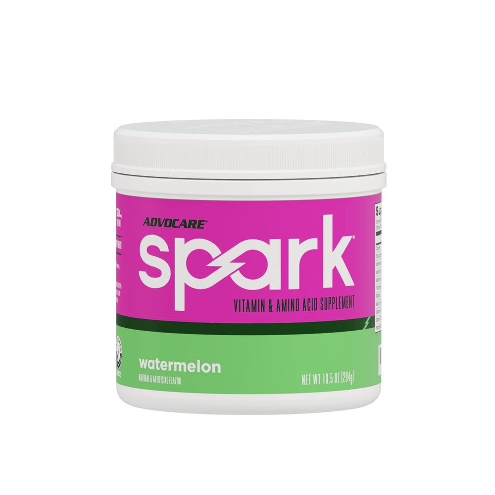 AdvoCare Spark Watermelon tub front showing energy-boosting formula