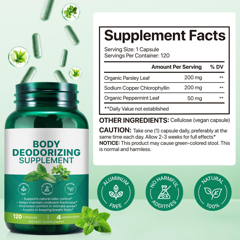 AEBEFBAW chlorophyllin capsules close-up highlighting odor-neutralizing ingredients