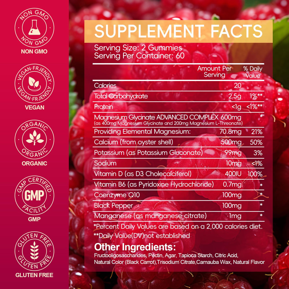 AEQNJV Magnesium Glycinate Gummies bottle back label shows magnesium content.