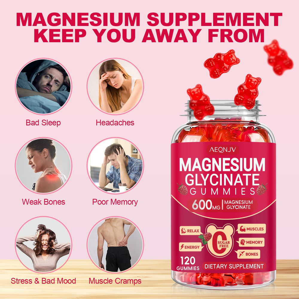 AEQNJV Magnesium Glycinate Gummies label close-up with CoQ10 and vitamins.