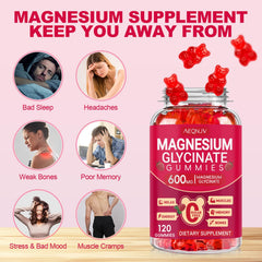 AEQNJV Magnesium Glycinate Gummies label close-up with CoQ10 and vitamins.