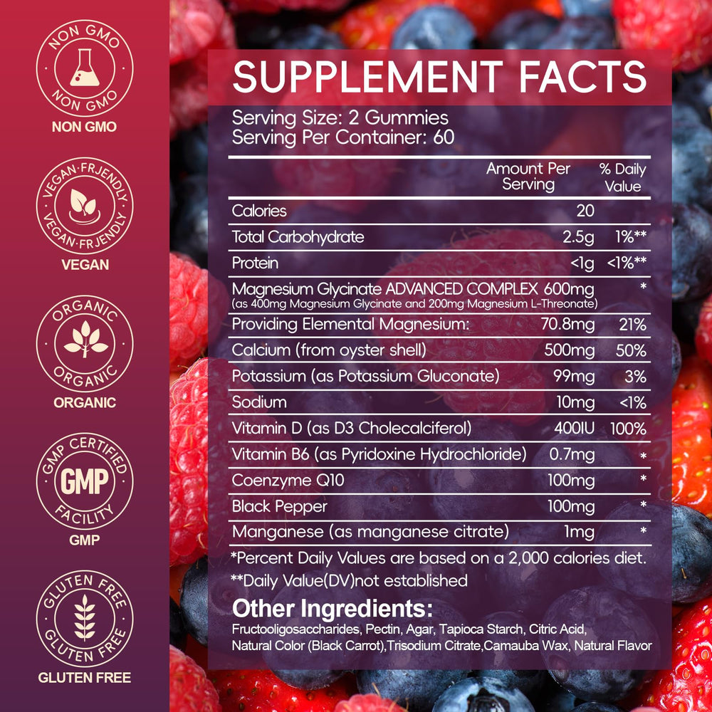 AEQNJV Magnesium Glycinate Gummies bottle back label shows dosage and ingredients