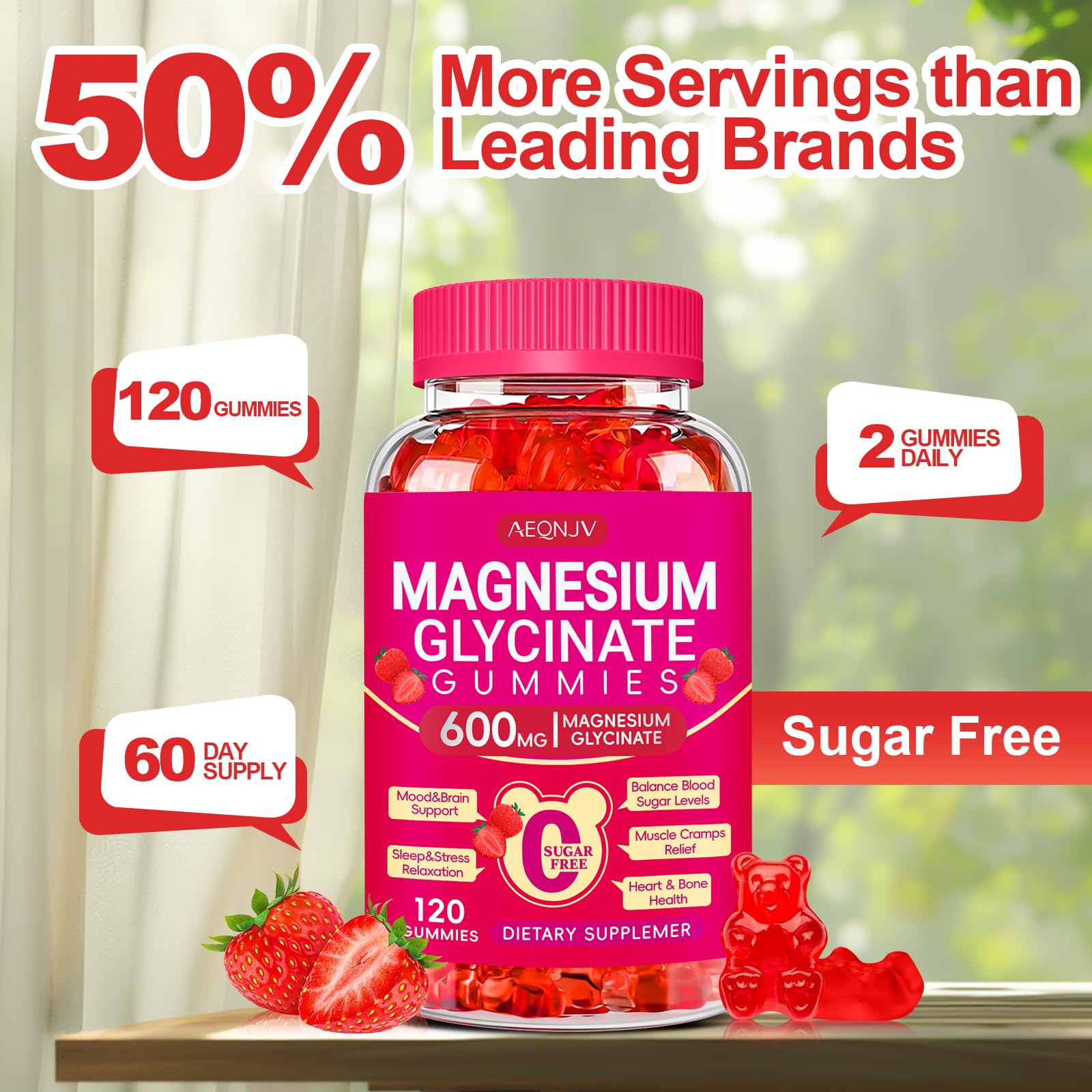 AEQNJV raspberry-flavored vegan magnesium glycinate gummy for daily supplement.
