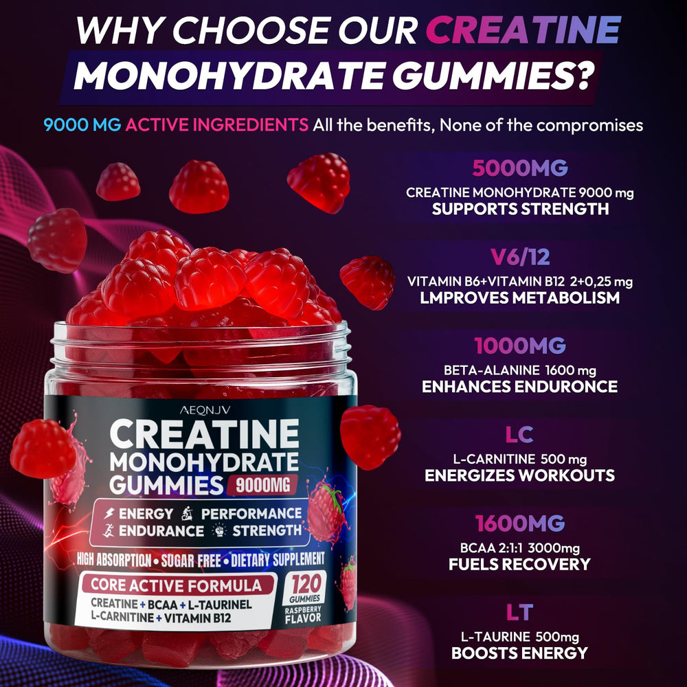 AEQNJV creatine gummies closeup of chewy texture for convenience