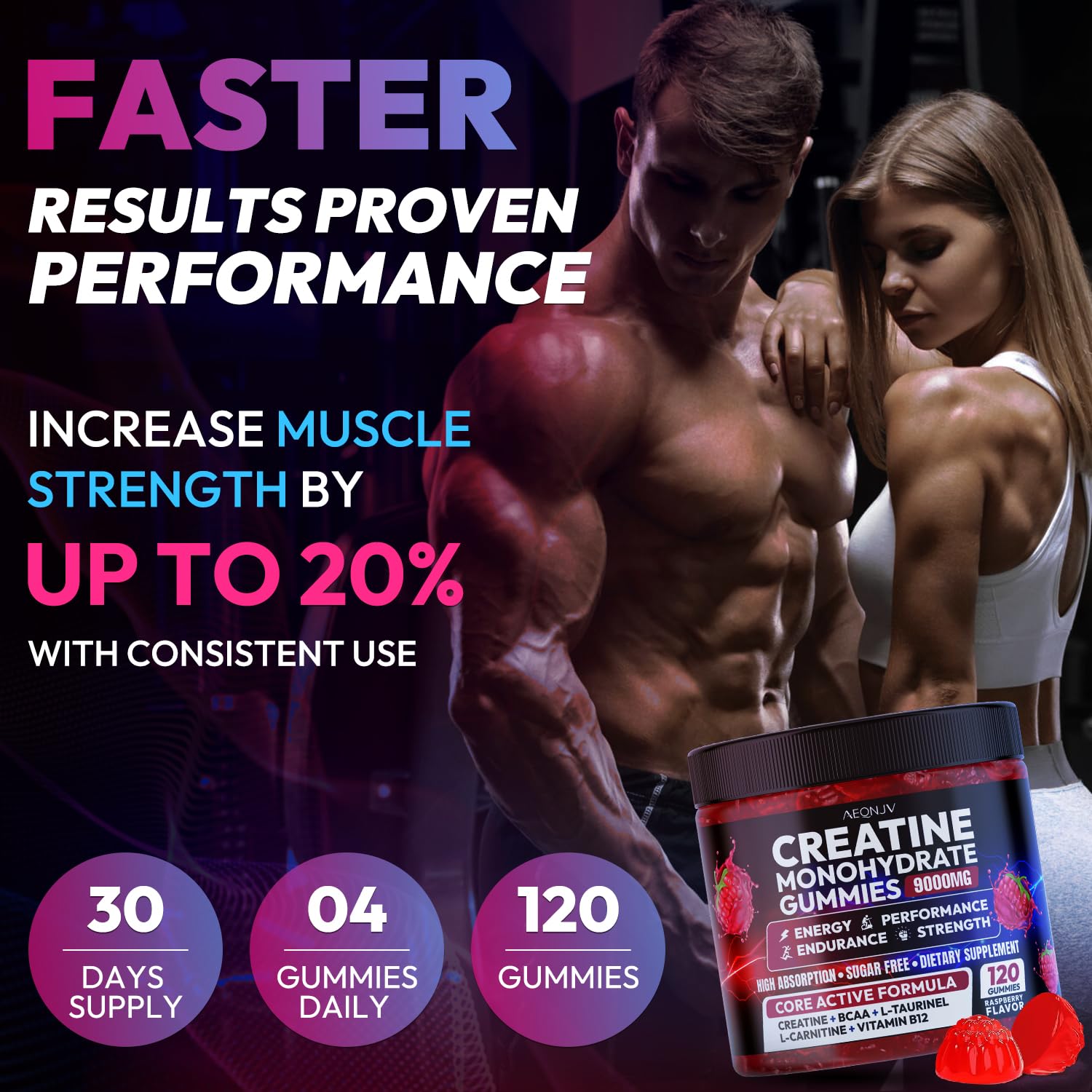 AEQNJV creatine gummies label highlights ingredients and benefits