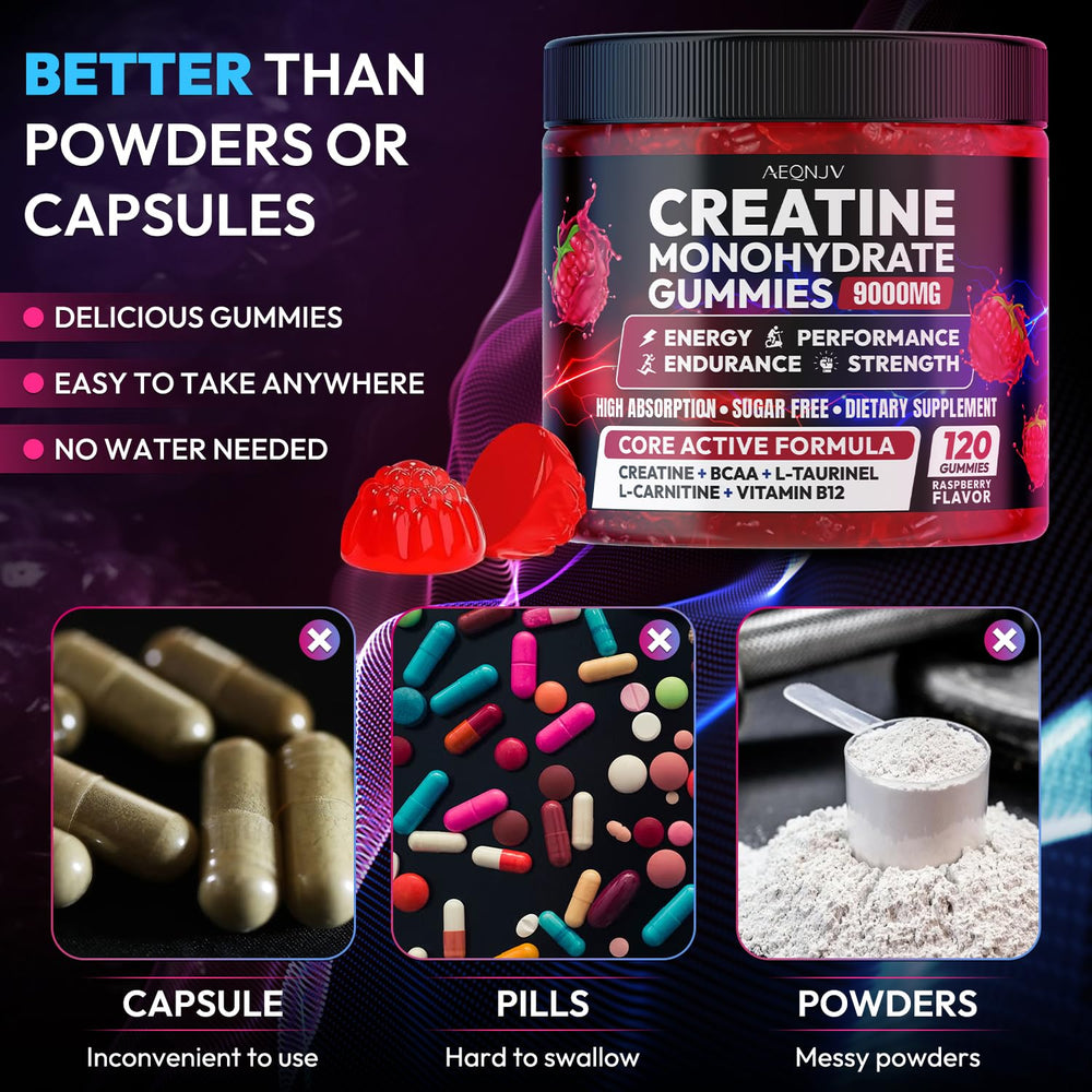 AEQNJV creatine gummies packaging emphasizes vegan and clean-label