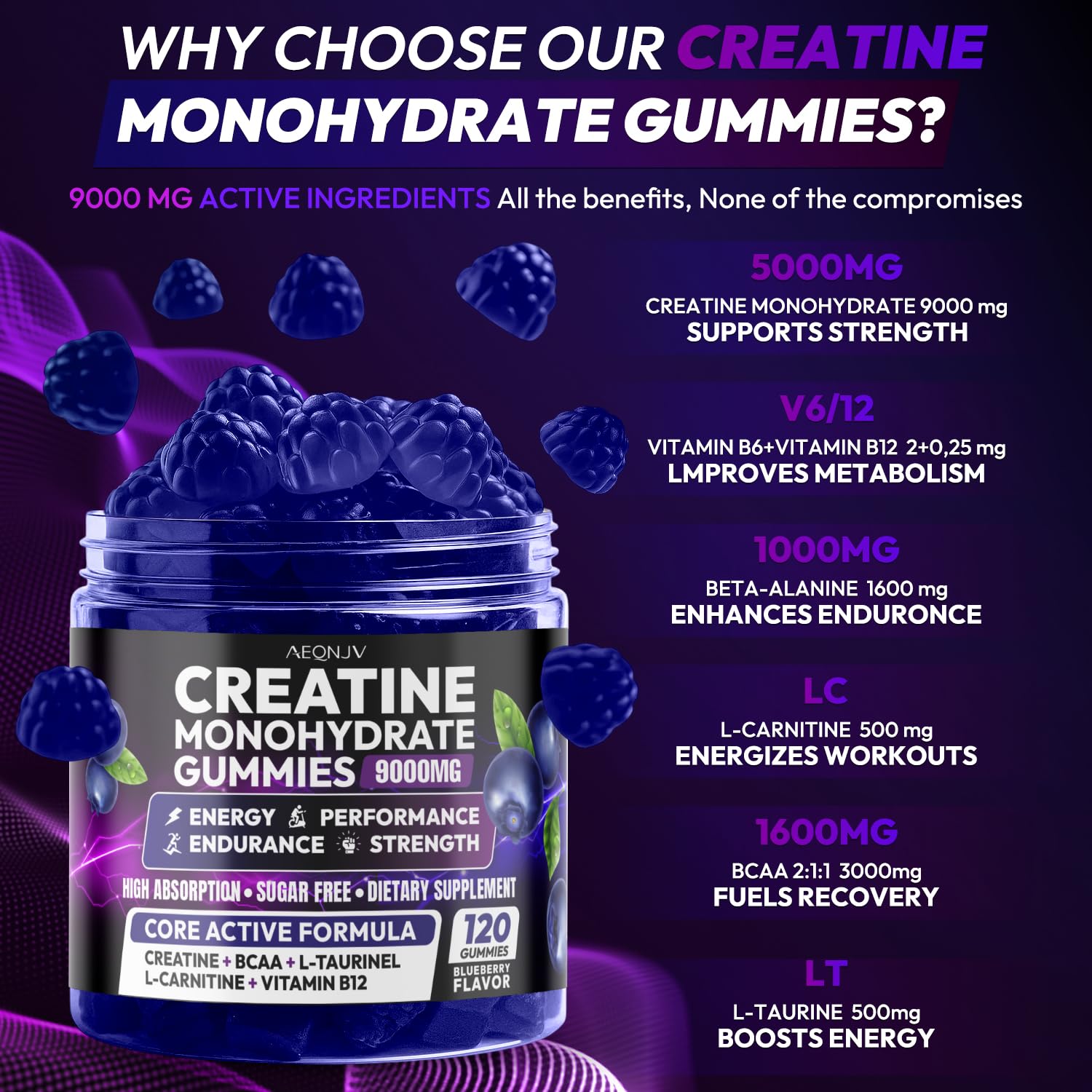 AEQNJV Creatine Gummies closeup highlights blueberry flavor and vegan formula.