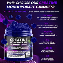 AEQNJV Creatine Gummies closeup highlights blueberry flavor and vegan formula.