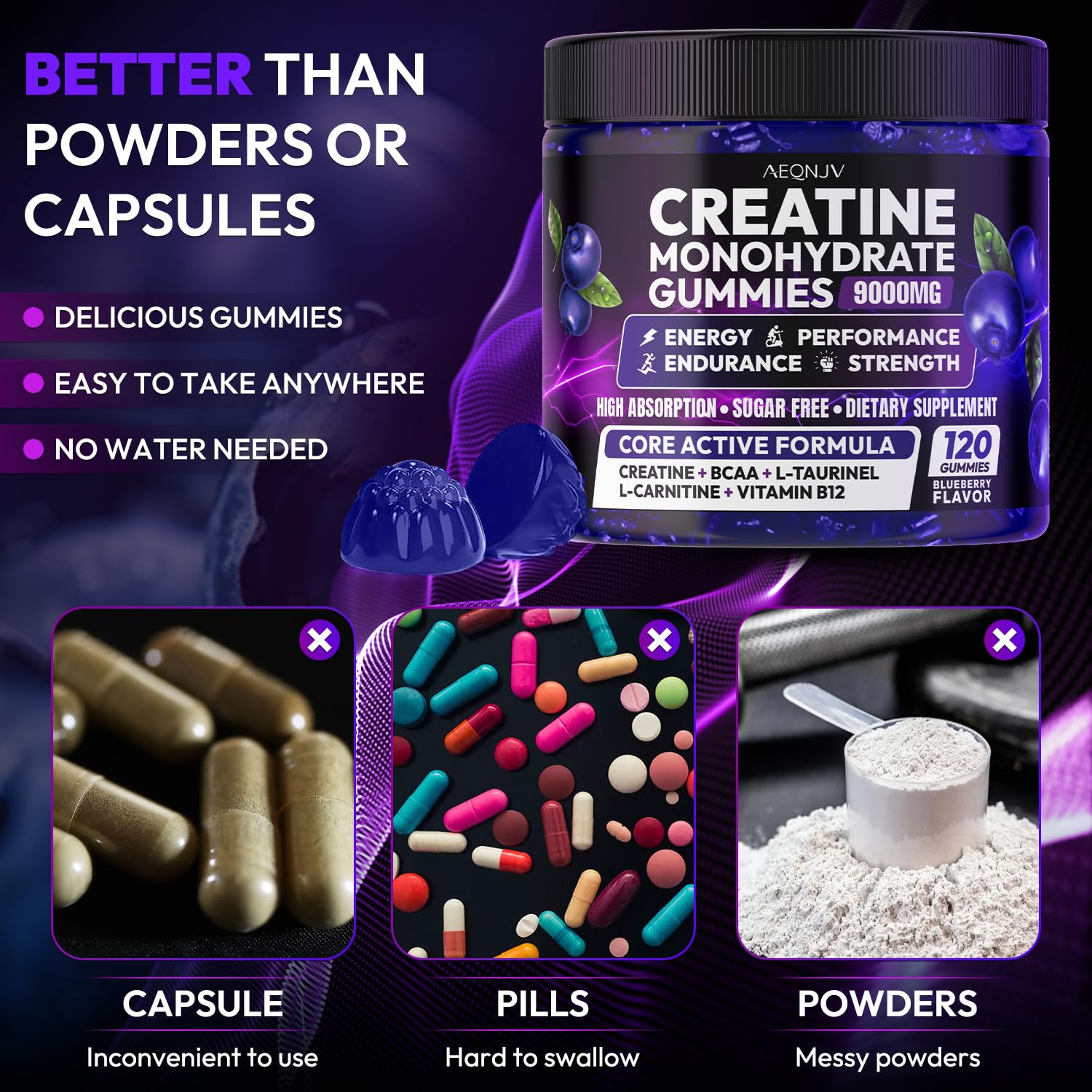 AEQNJV Creatine Gummies label confirms vegan, non-GMO, gluten-free certification.