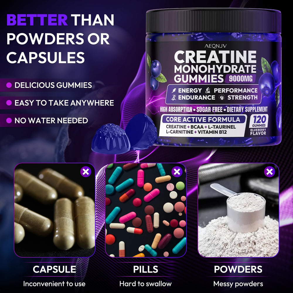 AEQNJV Creatine Gummies label confirms vegan, non-GMO, gluten-free certification.