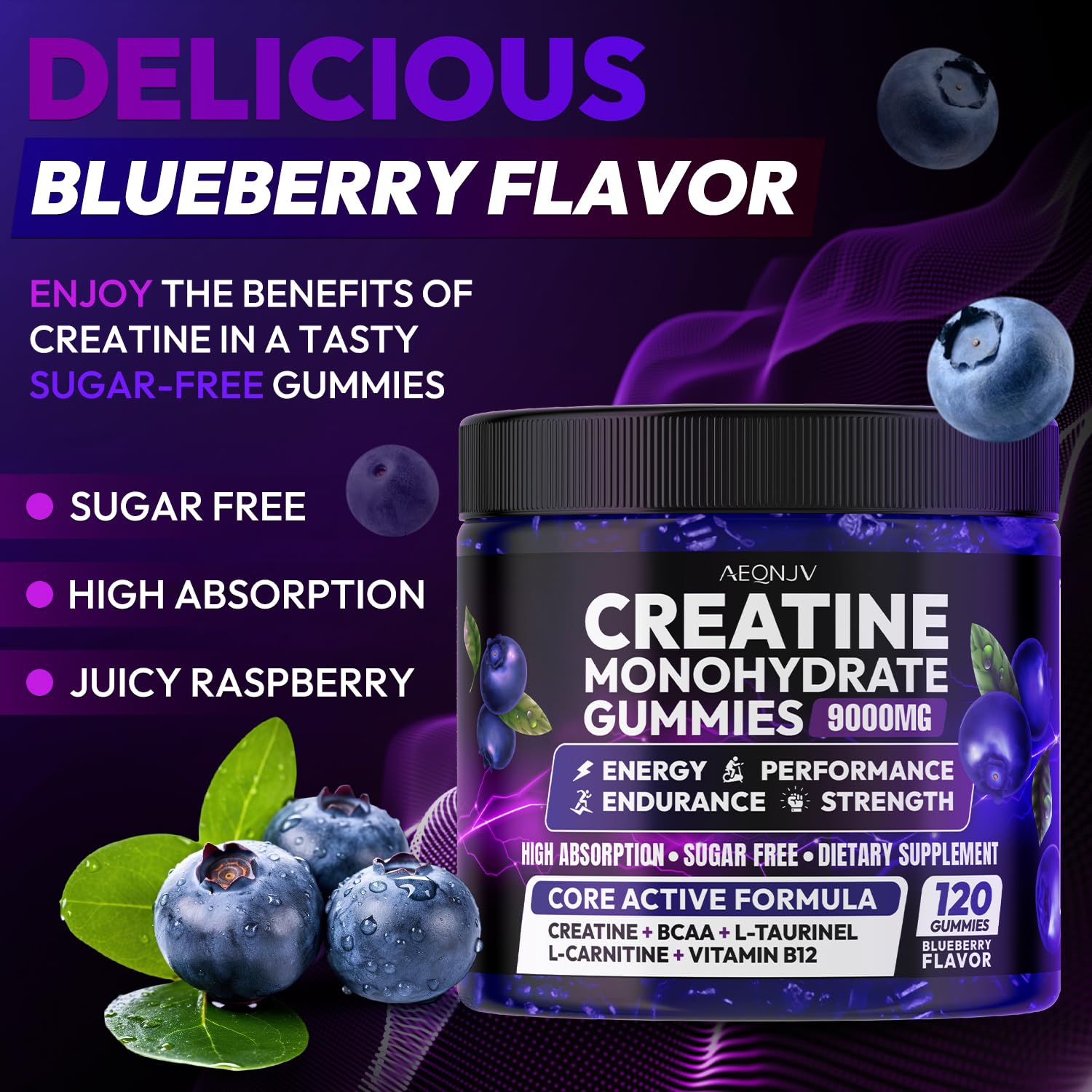 AEQNJV Creatine Gummies pour demonstrates quick, on-the-go energy between training sets.