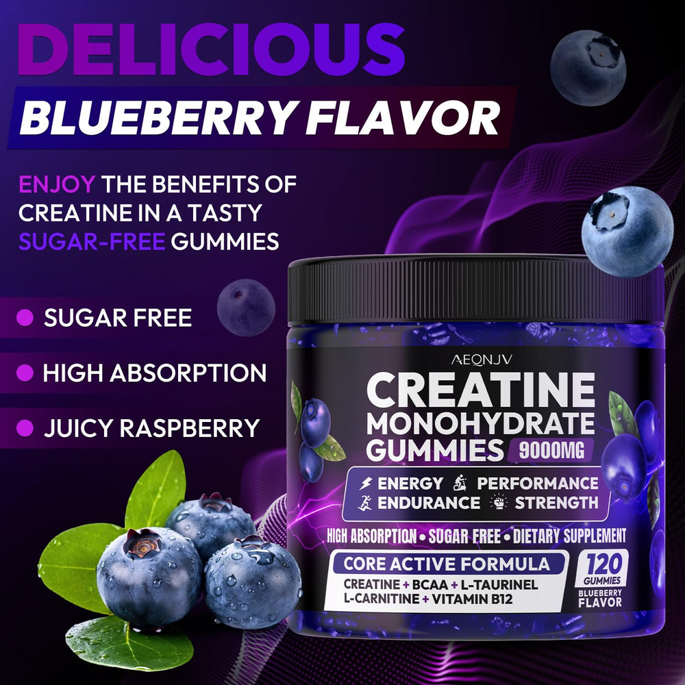 AEQNJV Creatine Gummies pour demonstrates quick, on-the-go energy between training sets.