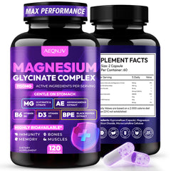 AEQNJV Magnesium Glycinate 1150mg bottle showing high-potency daily mineral support.