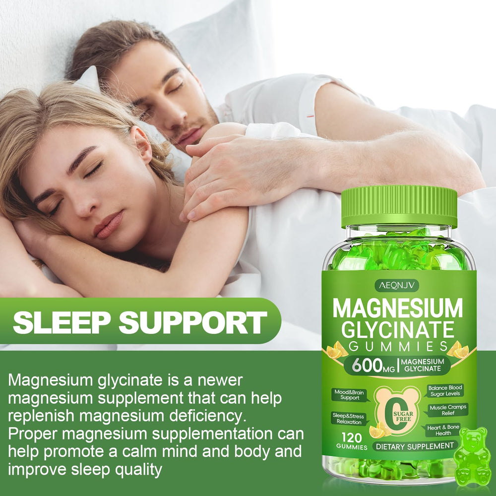 AEQNJV gummies beside a nightstand suggest sleep support.