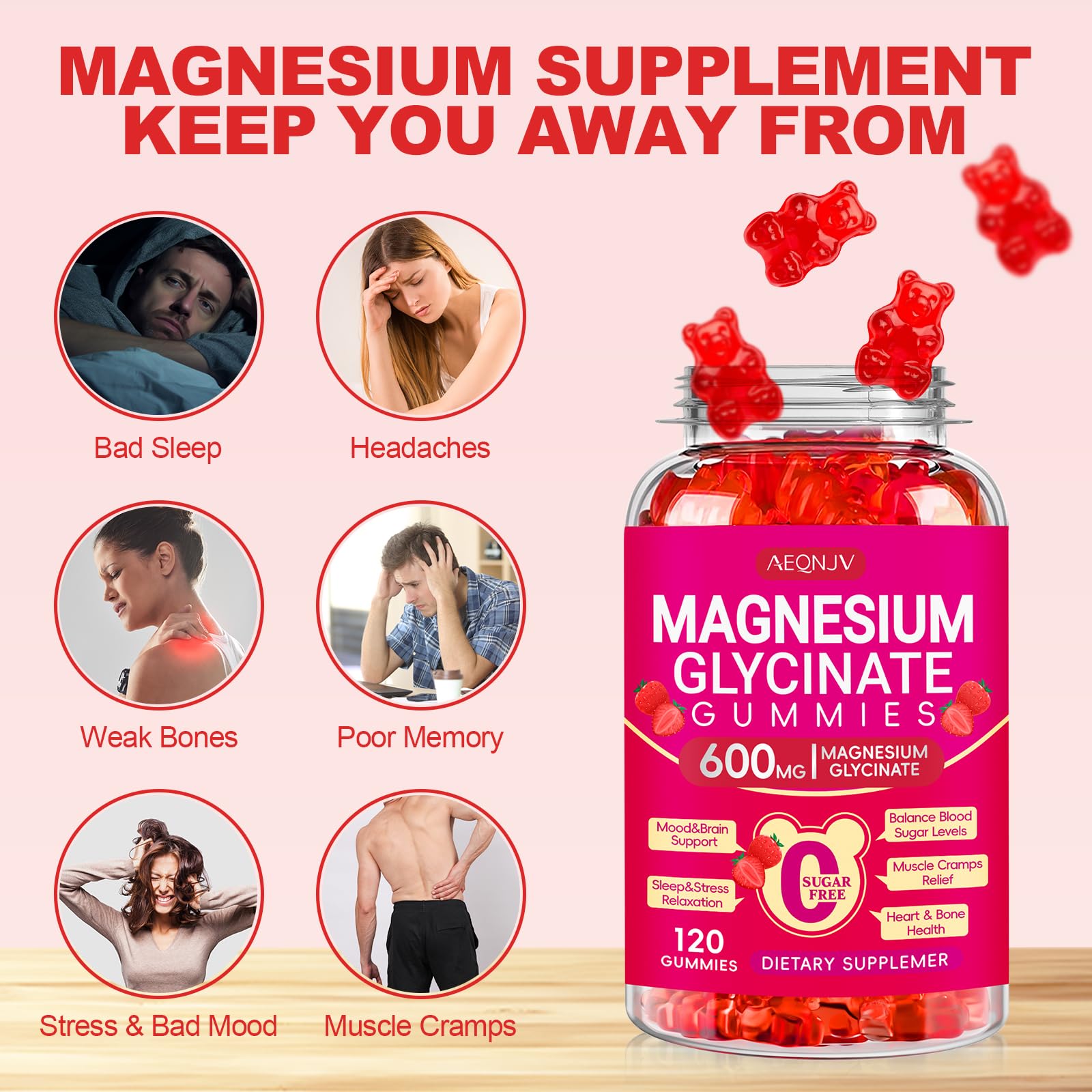 AEQNJV magnesium glycinate gummies close-up of ingredients with CoQ10 and vitamin D.