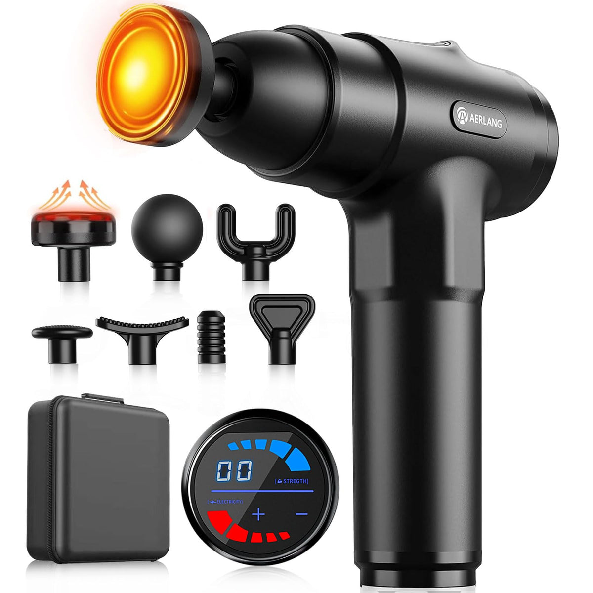 AERLANG massage gun with heated head for targeted relaxation and warmth.