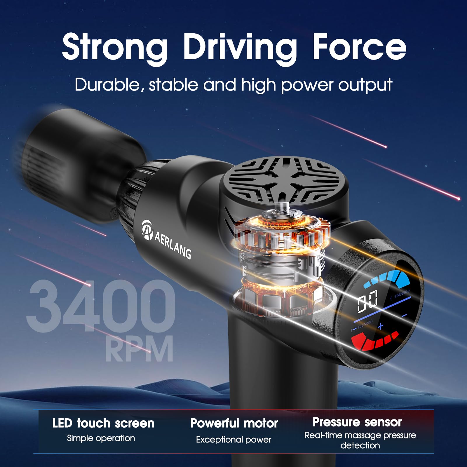 AERLANG massage gun with seven interchangeable heads for targeted relief