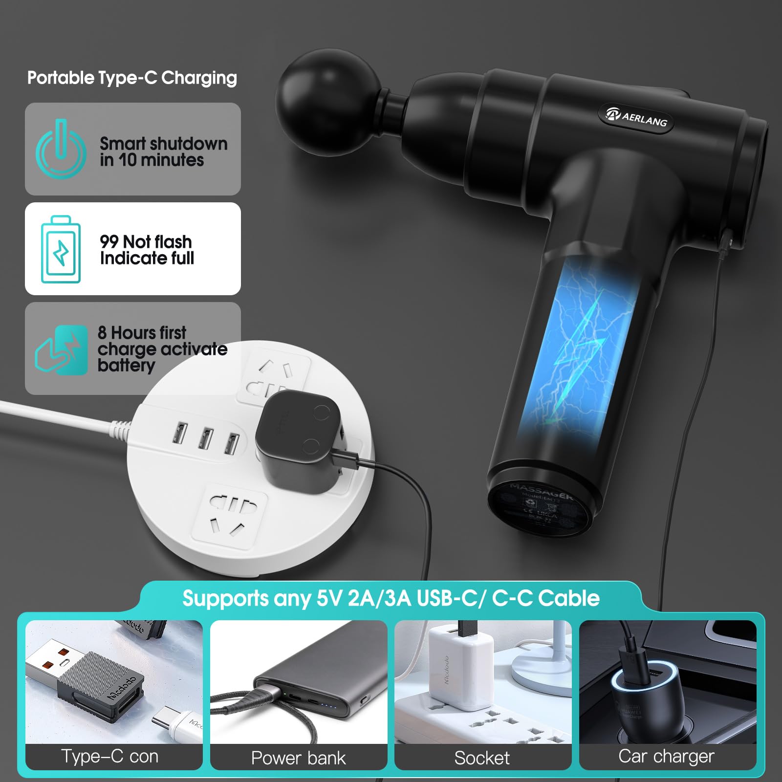 AERLANG massage gun used on shoulder and back areas to ease stiffness.