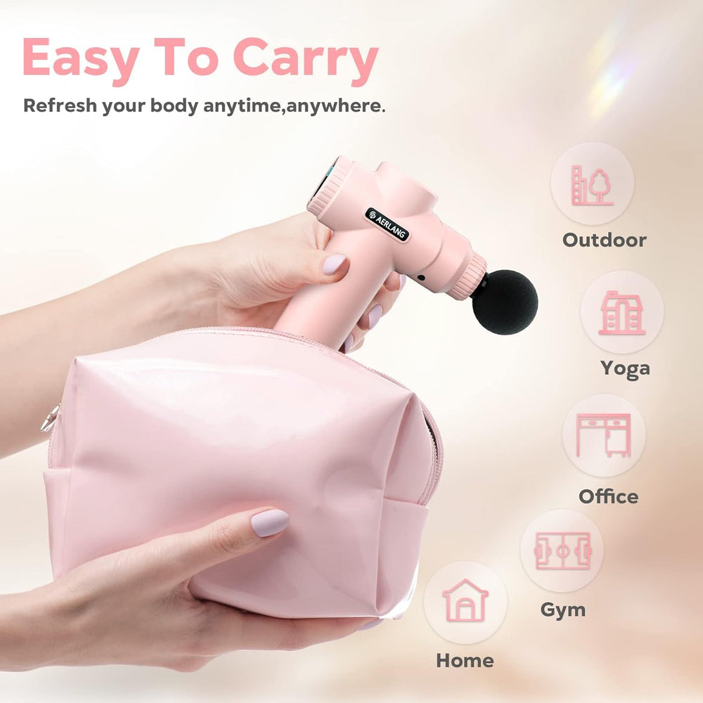 AERLANG Mini Massage Gun Pink with charger for quick, convenient powering.