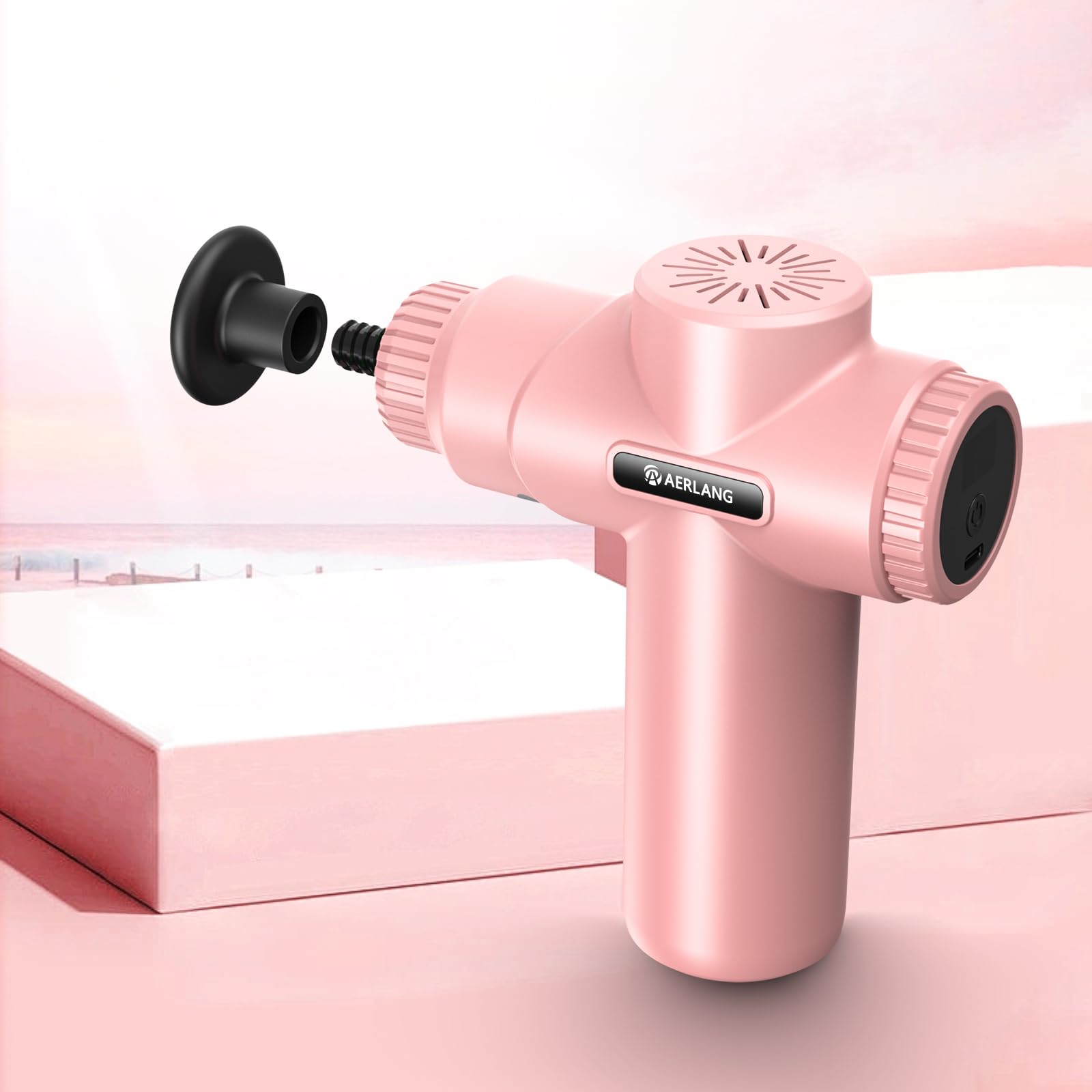 AERLANG Mini Massage Gun Pink with six heads for targeted muscle care.