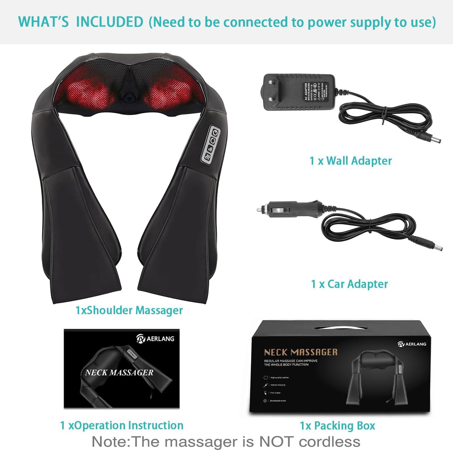 AERLANG shiatsu massager corded design with power adapter for stable sessions