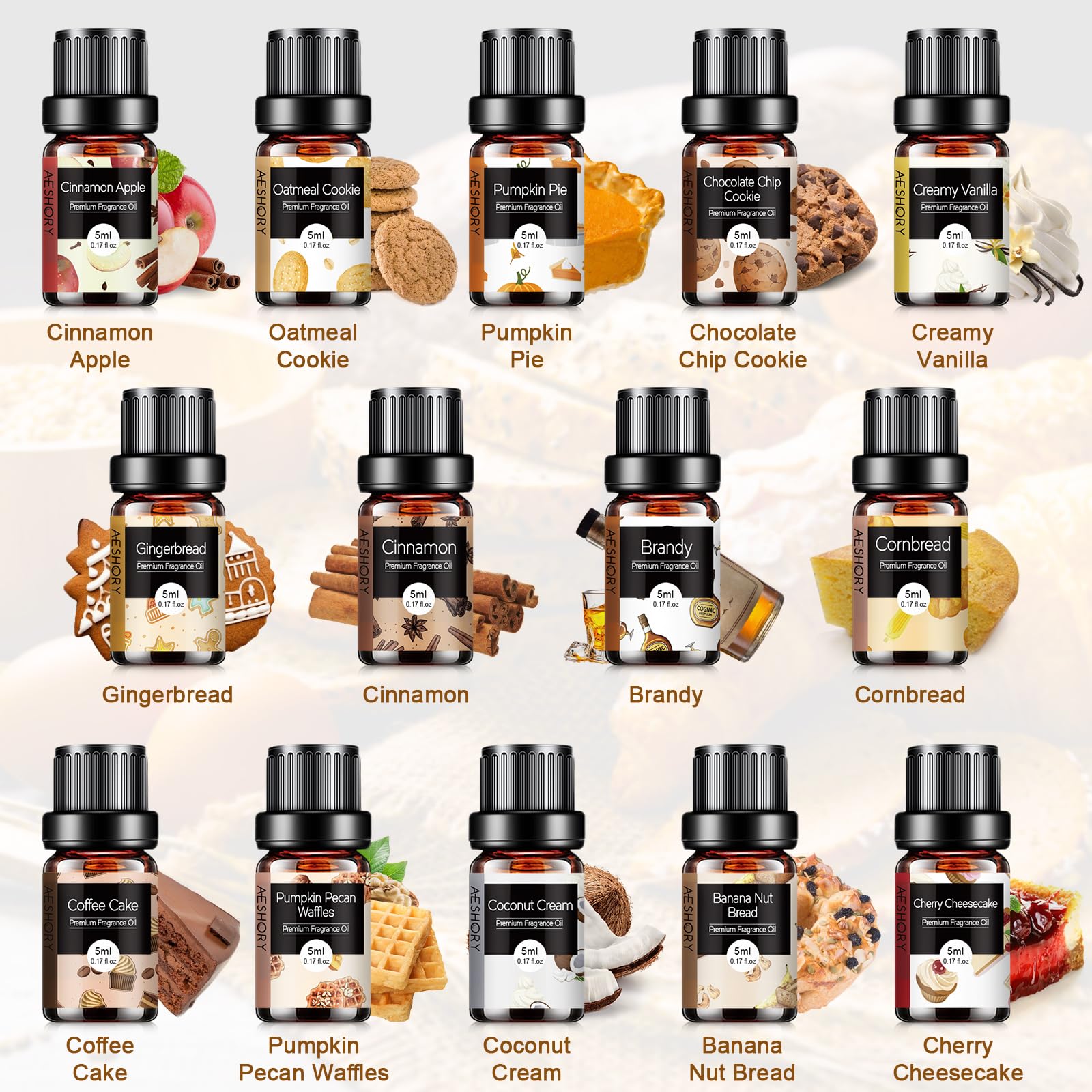 Aeshory Coffee Cake essential oil bottle ideal for cozy kitchen candle making.