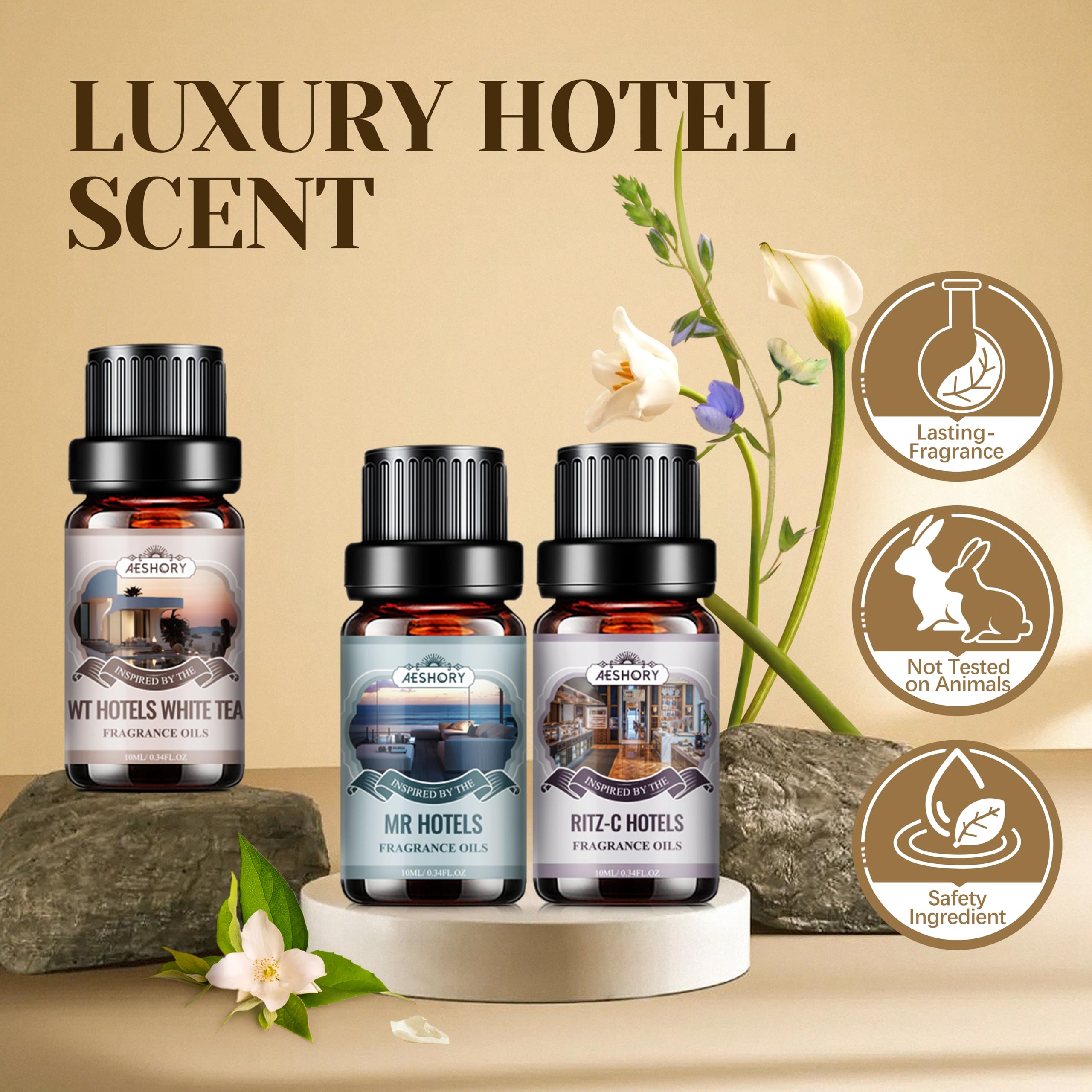 Aeshory diffuser oils closeup bottle labels highlight premium blends for refined spaces.