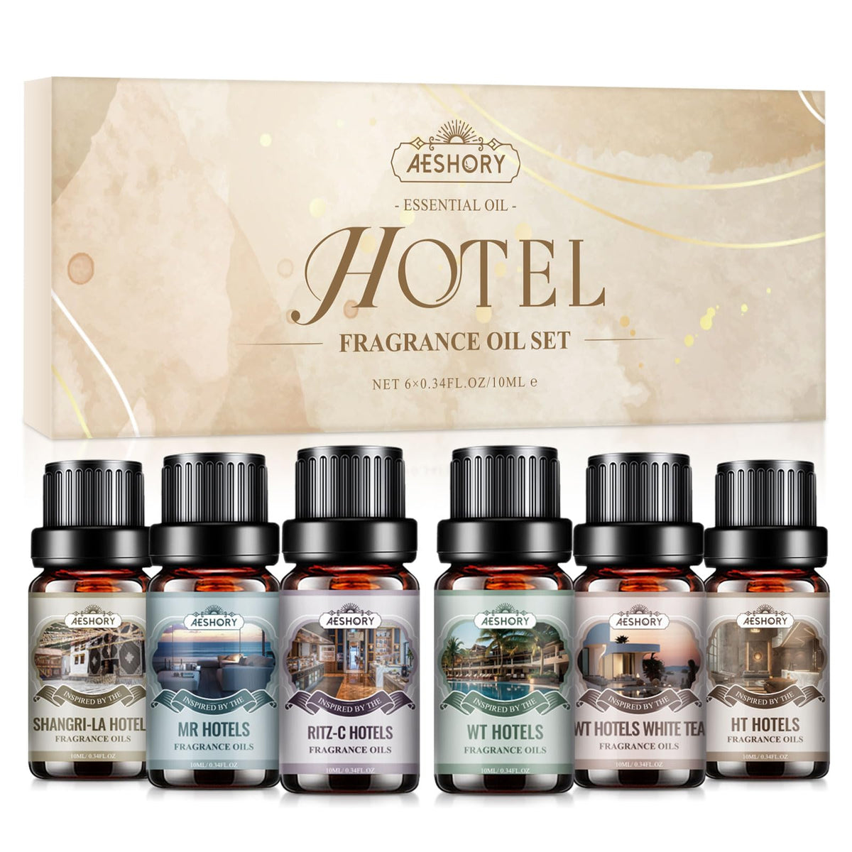 Aeshory Hotel Diffuser Oils set in a sleek 6-bottle package for ambient fragrance.