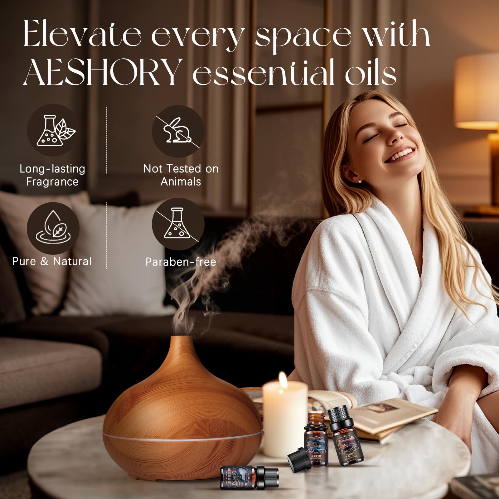 Aeshory hotel diffuser oils set bottle array showcasing 14 luxury blends.