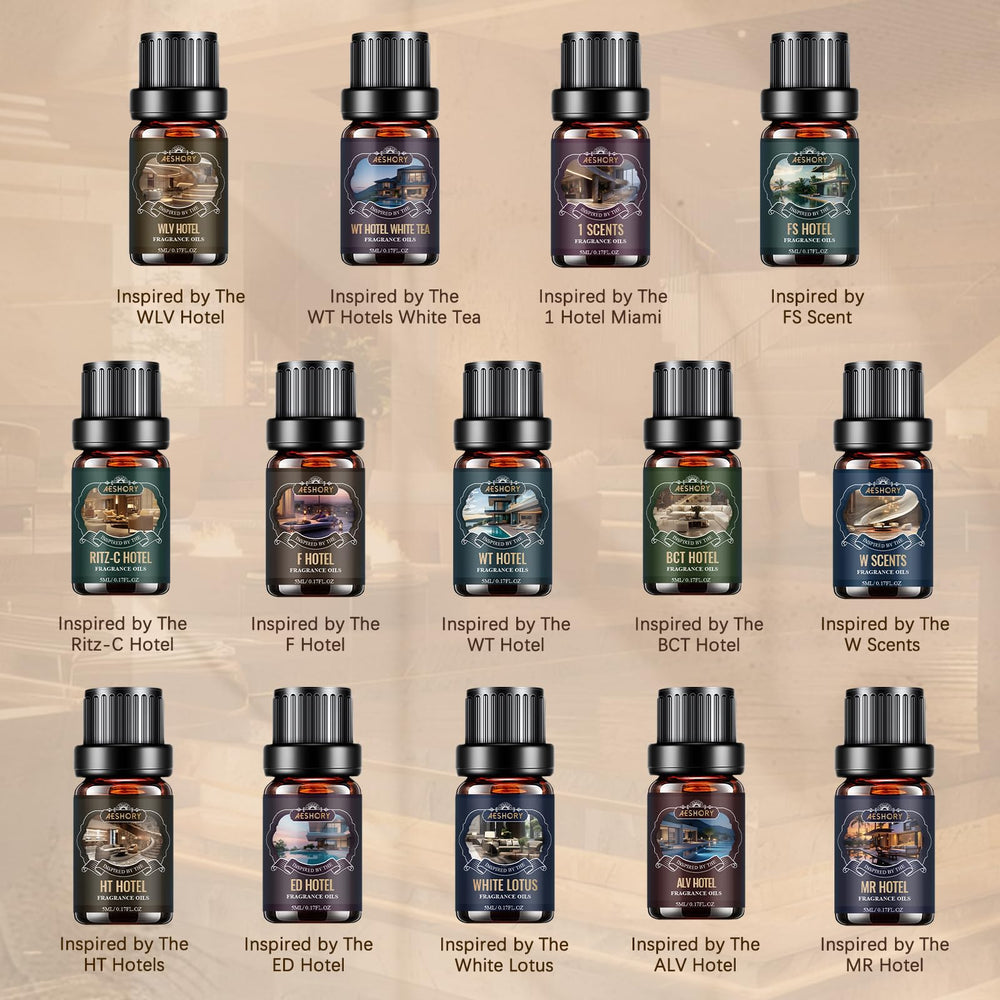 Aeshory diffuser oils set close-up labels for easy fragrance selection.