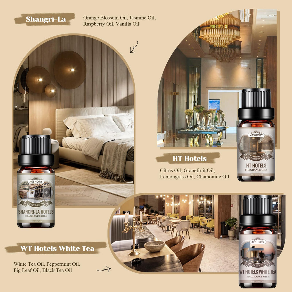 Aeshory Hotel Scent set arranged on table showcases sophisticated aroma options.