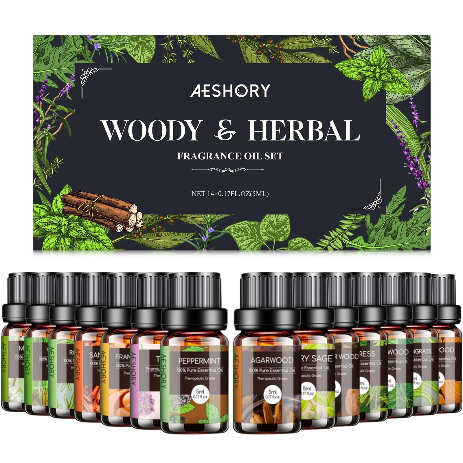 Aeshory Woody & Herbal Set sandalwood bottle shows warm, grounding aroma for diffusers