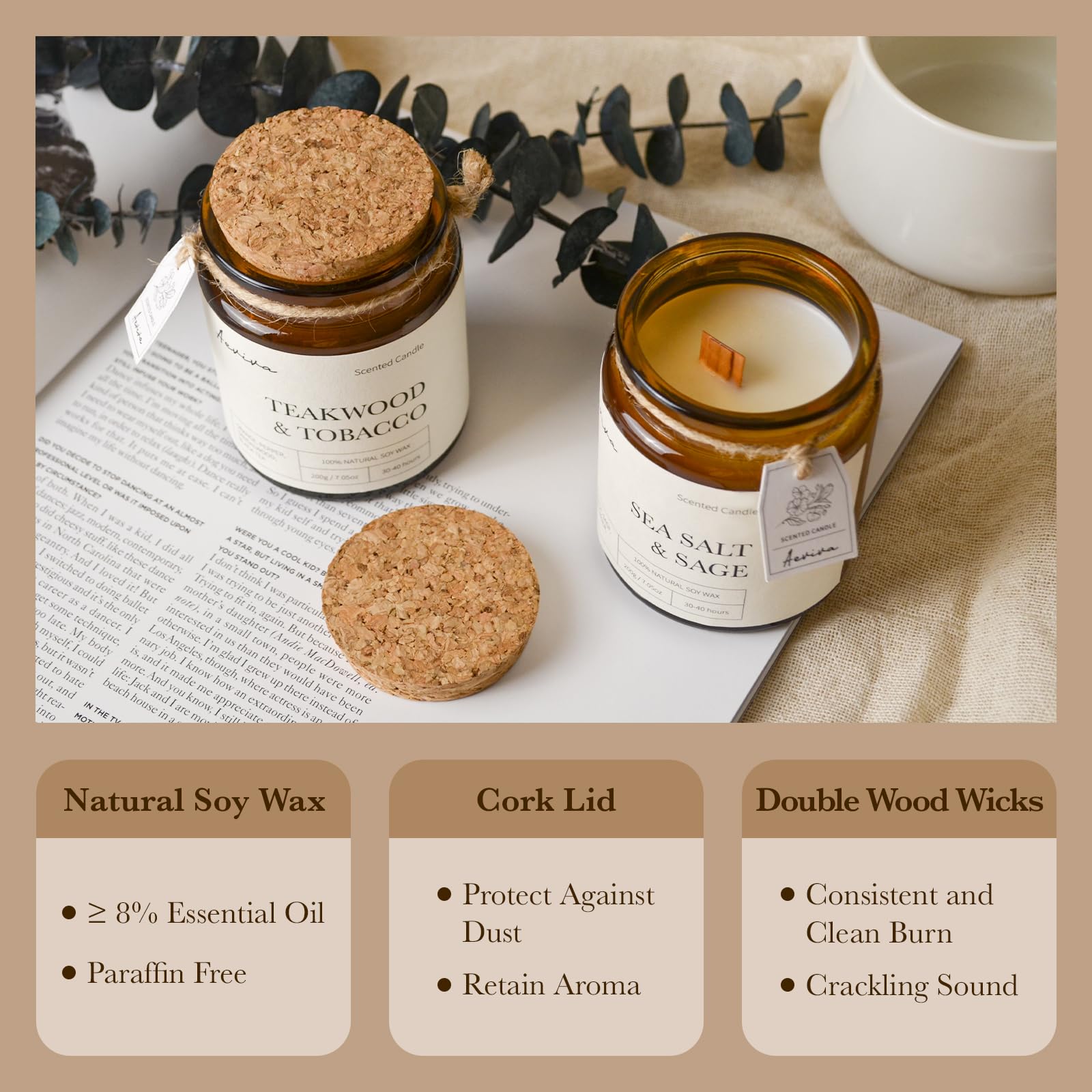 Natural soy wax candle with clean, paraffin-free burn.