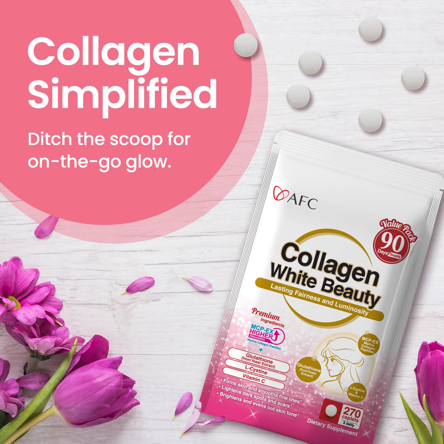 AFC Japan Collagen White Beauty bottle back shows usage notes for everyday skin support.