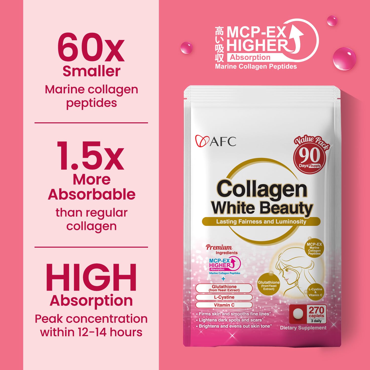 AFC Japan Collagen White Beauty dissolving into water to illustrate easy daily mix.