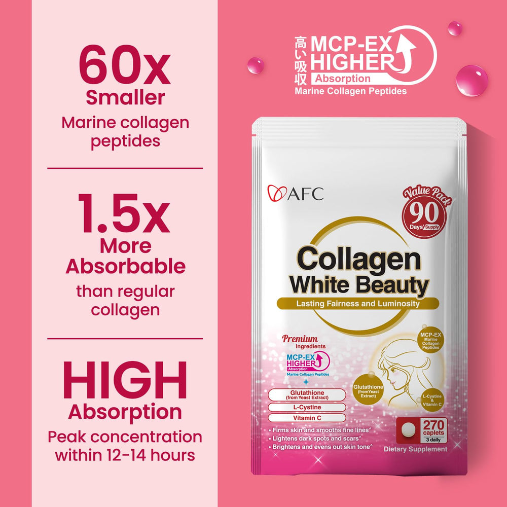 AFC Japan Collagen White Beauty dissolving into water to illustrate easy daily mix.